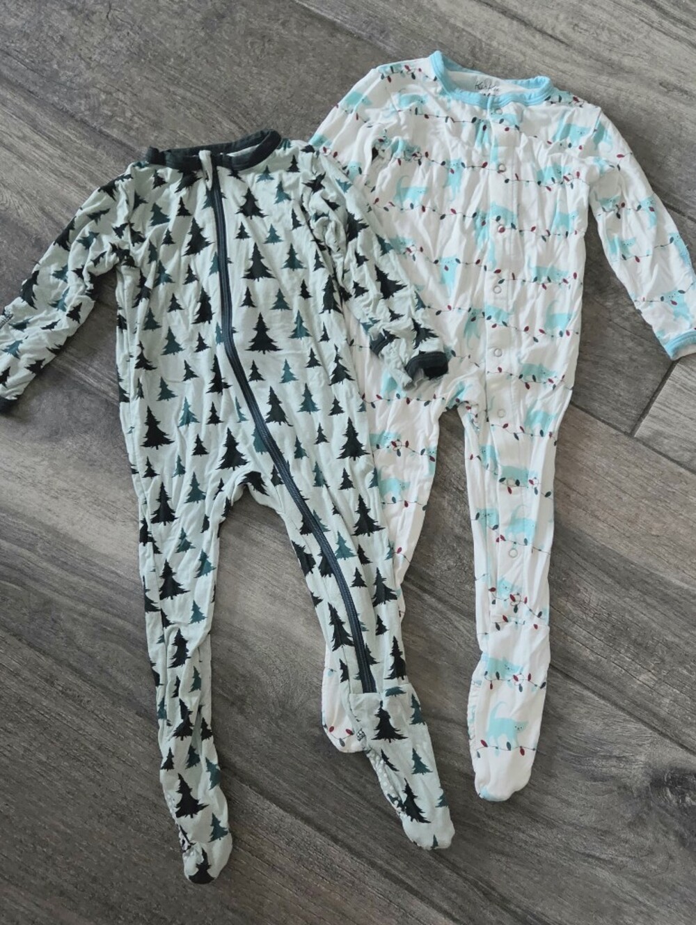 Kickee Pants EUC 6-9 Months Evergreen Tree and Holiday Kitty Footie Rompers